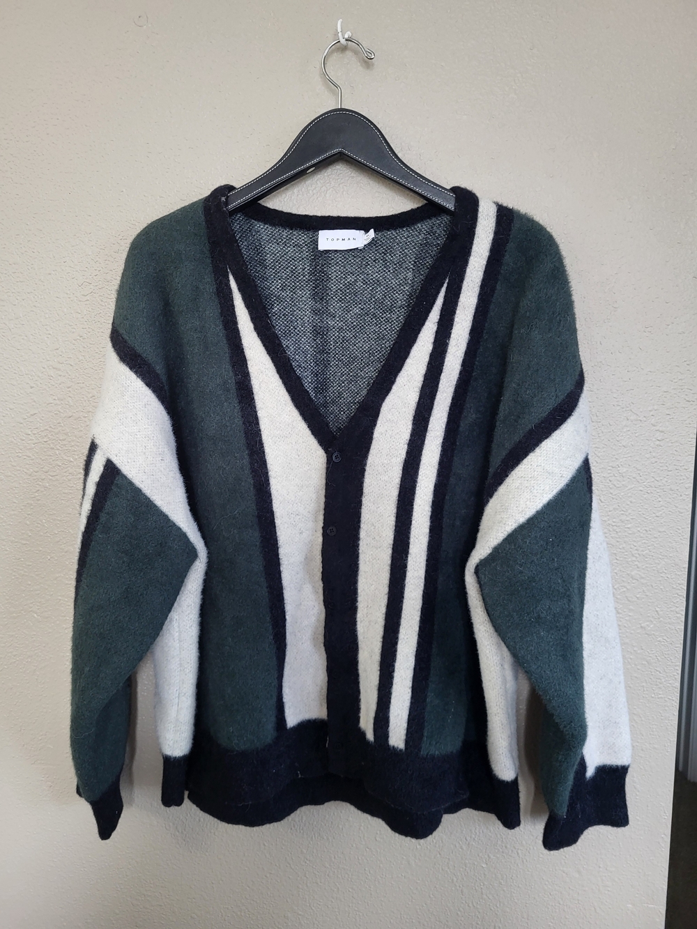 Topman Mens Brushed Cardigan Striped Green Black & Off White Sweater Size XL